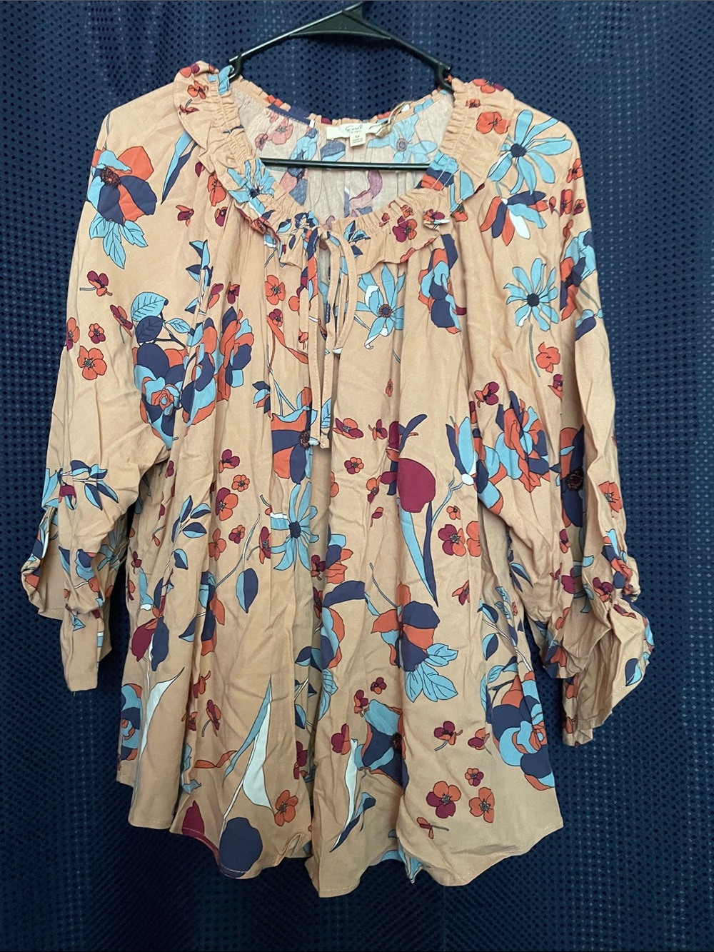 easel Floral Peasant Blouse in Beige with Blue & Red Accents
